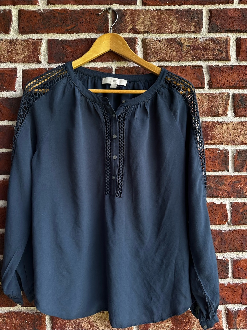 LOFT Navy Crochet-Trim Peasant Blouse
